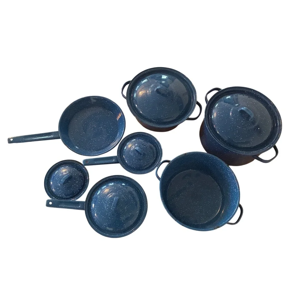 Vintage Blue Speckled Enamelware Cookware Set 10 Piece Graniteware Camping Pots